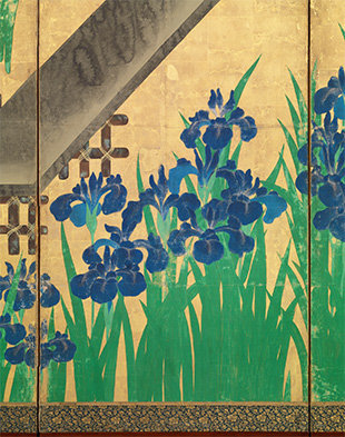Ogata Kōrin: Irises at Yatsuhashi (Eight Bridges), detail, after 1709, Edo period (1615–1868), Pair of six-panel folding screens, ink and color on gold leaf on paper, Metropolitan Museum of Art, New York 